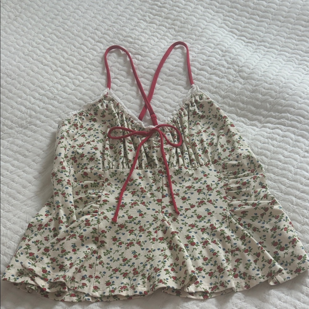 Free People Cream Floral Camisole with Red Straps